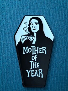 Morticia Addams "Mother of the Year" Coffin Black & White Enamel Pin